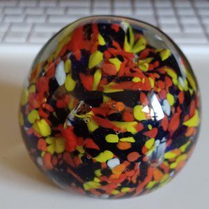 Vintage Glass Paperweight Hand Blown Round Sphere Red Yellow Black White Speckle